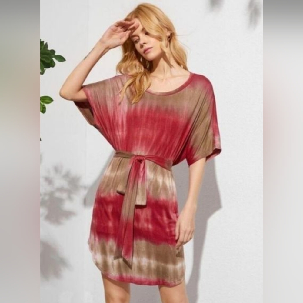 Batwing Sleeve Curved Hem Belted Tie Dye Dress.